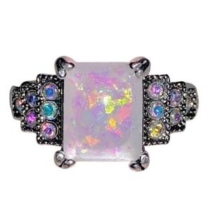 New Sz 9 Silver Opal Tiered Cluster Statement Square Cocktail Ring
